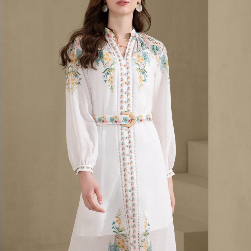 G.D.S. CELESTE CUFF SLEEVES Long floral-printed belted dress